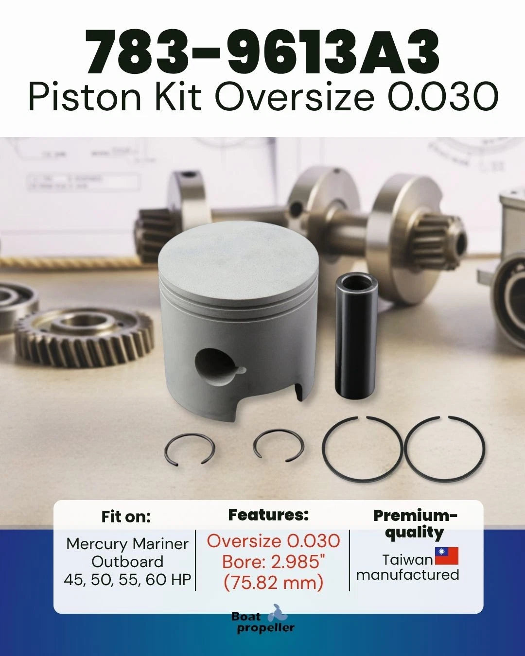 Piston Kit 783-9613A3 9613A3 18-4018 14090 +Ring for Mercury 45-60 HP (N/A)