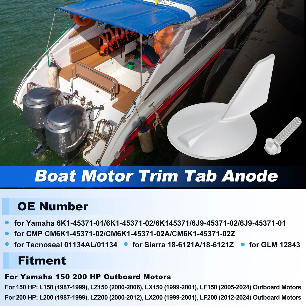 Trim Tab Anode for Yamaha 150 200 HP Outboard Motors (6K1-45371-01)