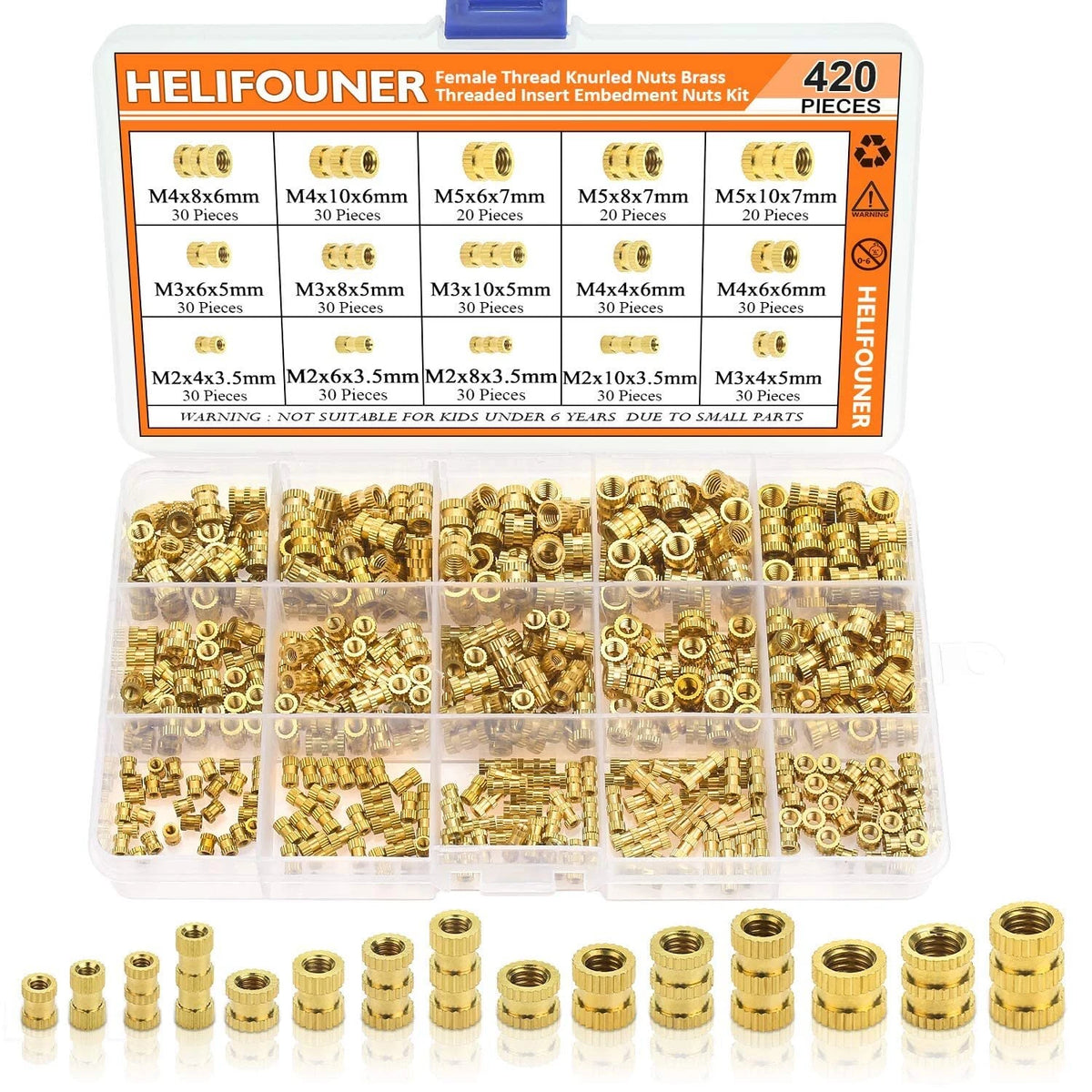 Set of 4 Knurled Nuts for M2 M3 M4 M5 (Brass, Female Thread)