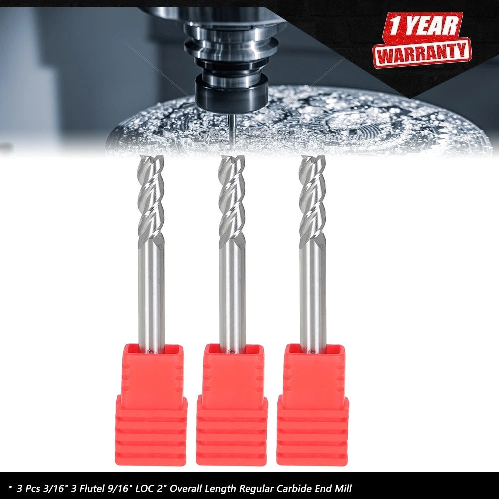 3X 3/16" 3 Flute Carbide End Mill for Aluminum (3 Pack)