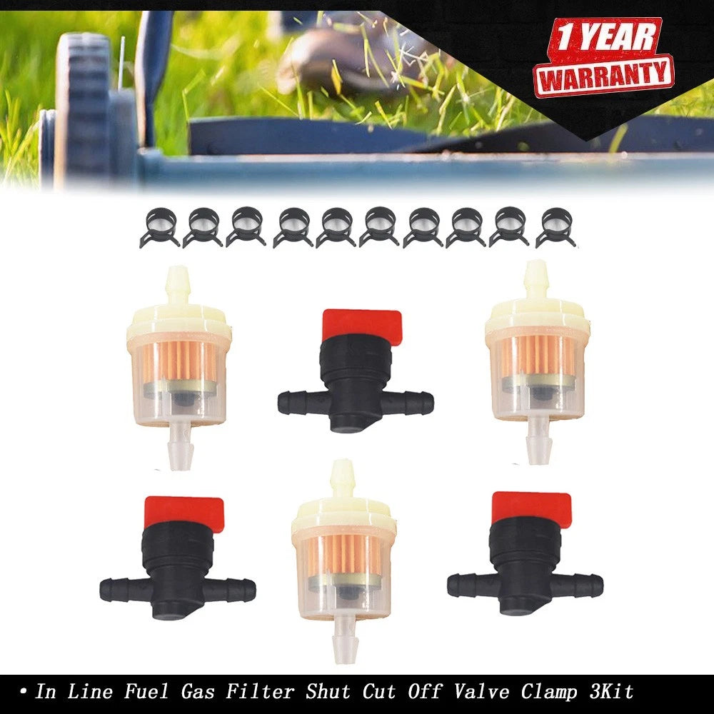 Set of 3 Inline Fuel Gas Filter Shut Off Valve Clamps 1/4"