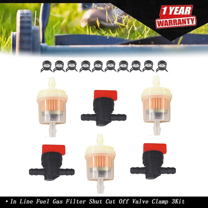 Set of 3 Inline Fuel Gas Filter Shut Off Valve Clamps 1/4"