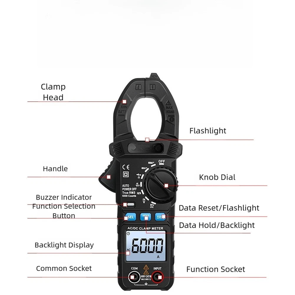 Clamp Meter Multimeter with Wide Range AC DC Current Voltage and Flashlight