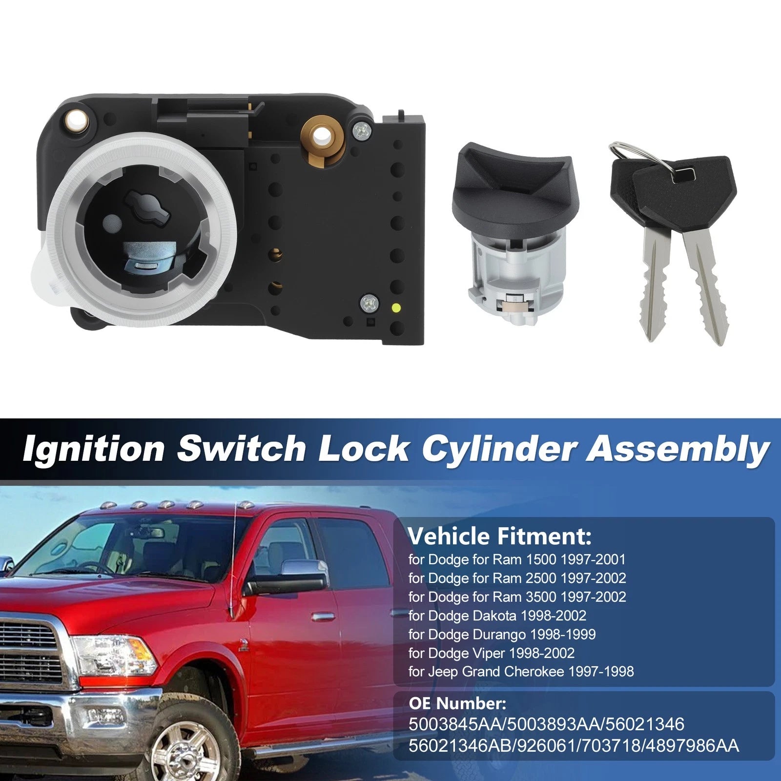 Ignition Lock Switch Assembly Replacement for Dodge Ram 1500 2500 3500 (1997–2003)