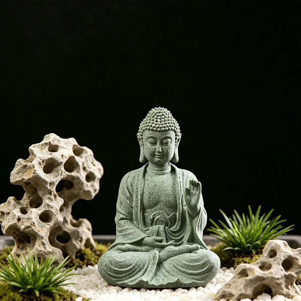 Green Sandstone Buddha Statue for Zen Aesthetic Living Room Decor