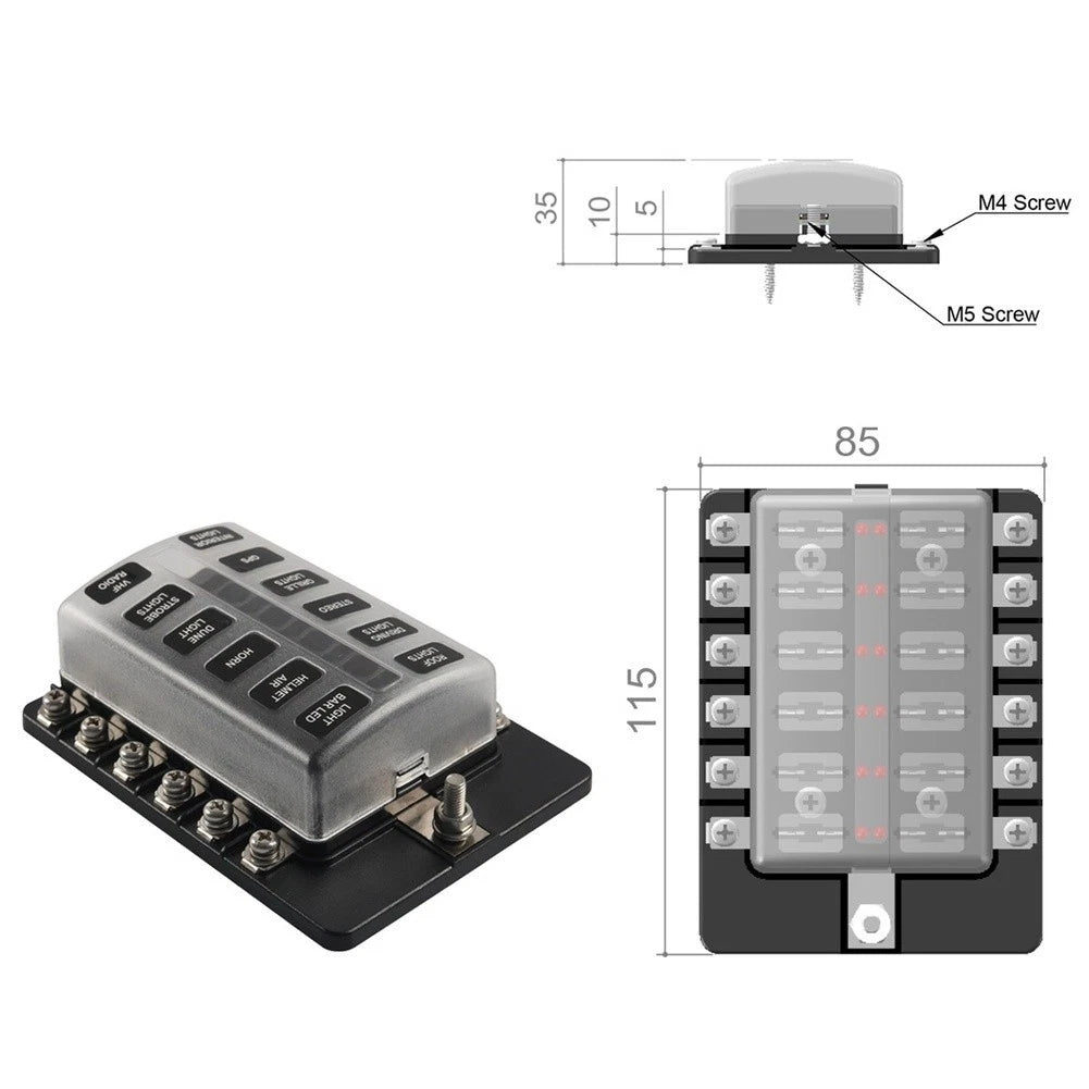 12-Pole LED Fuse Box for 12V 32V Vehicle Systems (Car, Boat, RV, Van)