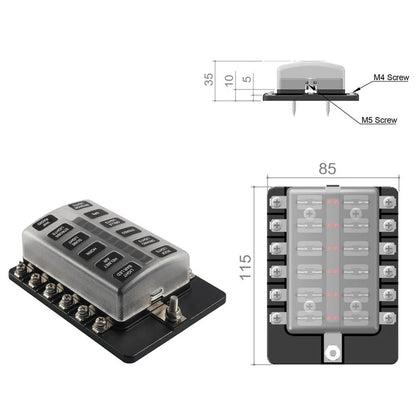 12-Pole LED Fuse Box for 12V 32V Vehicle Systems (Car, Boat, RV, Van)