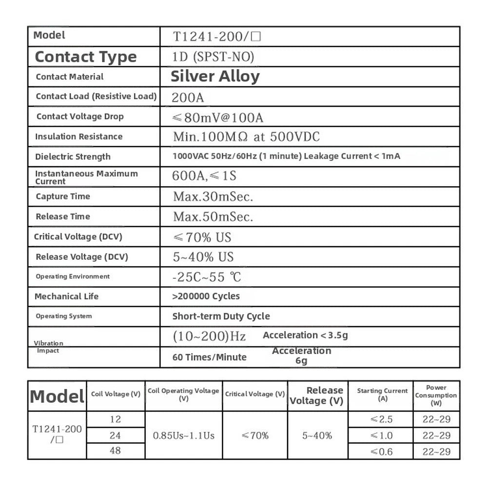 T1241-200 200A DC Contactor for Electric Forklifts (12V 24V 48V)