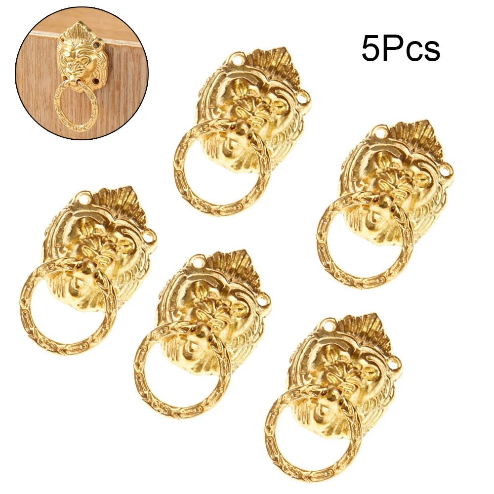 5X Gold Zinc Alloy Lion Head Drop Ring Handle Knobs for Cabinets