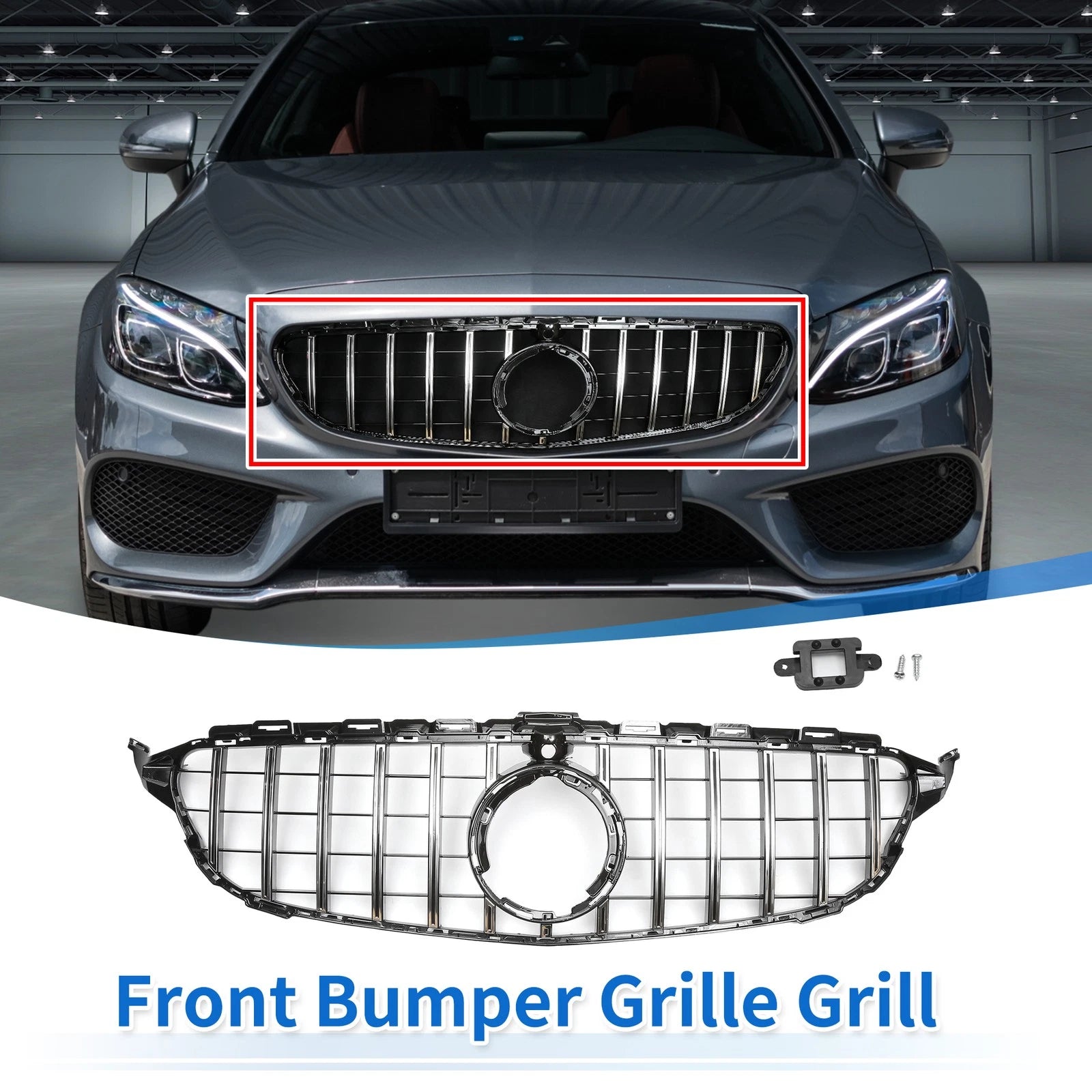 Front Upper Bumper Grille Grill for Mercedes-Benz C180 Chrome Black (2011–2014)