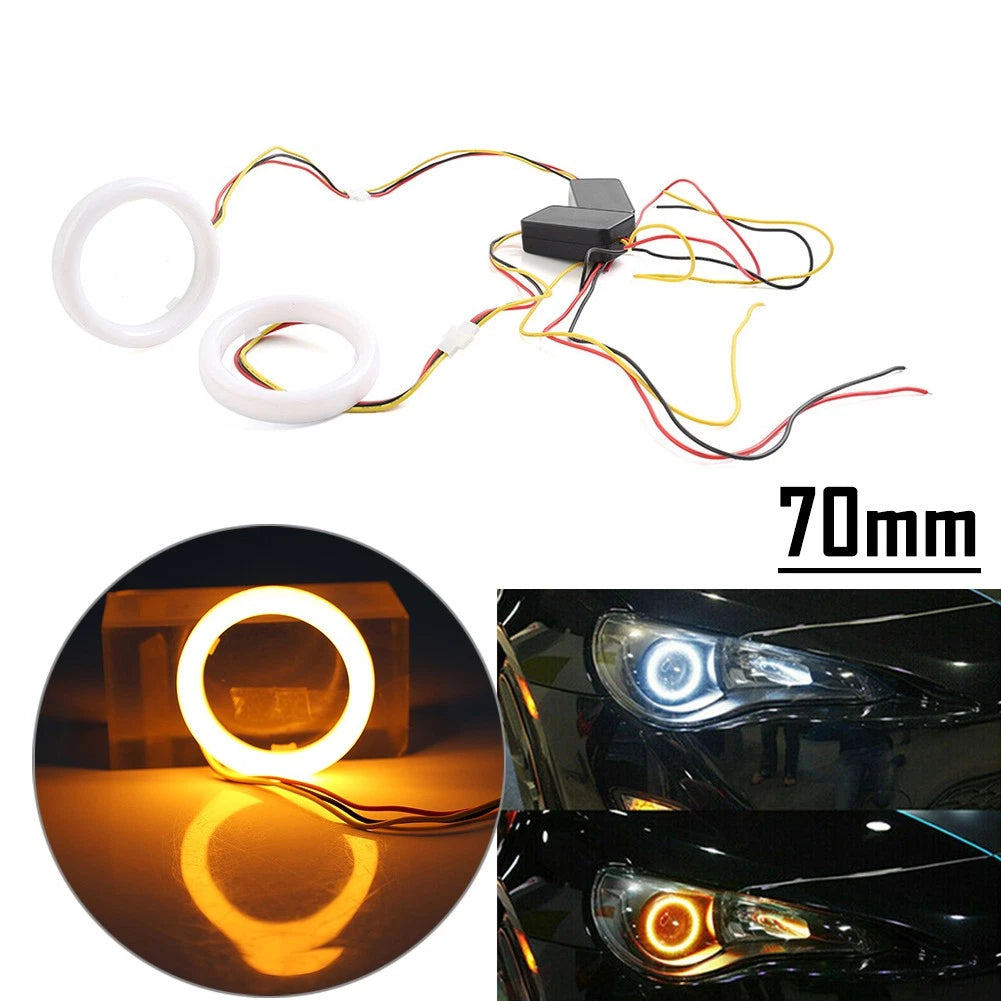2x White Amber 70MM Switchback LED Angel Eyes Halo Rings Car Headlight Retrofit