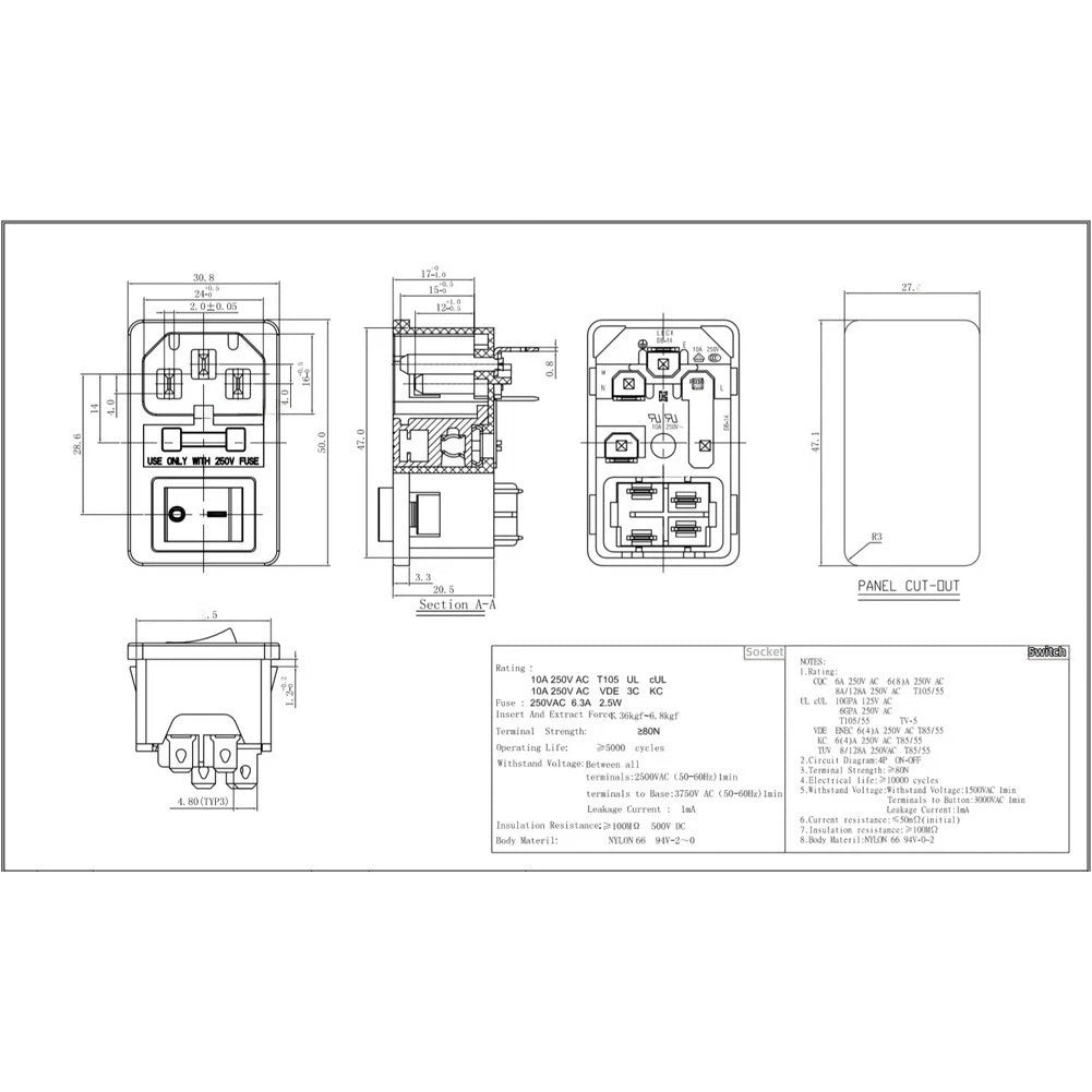 3-in-1 AC Power Socket for with Switch, LED Light, Fuse
