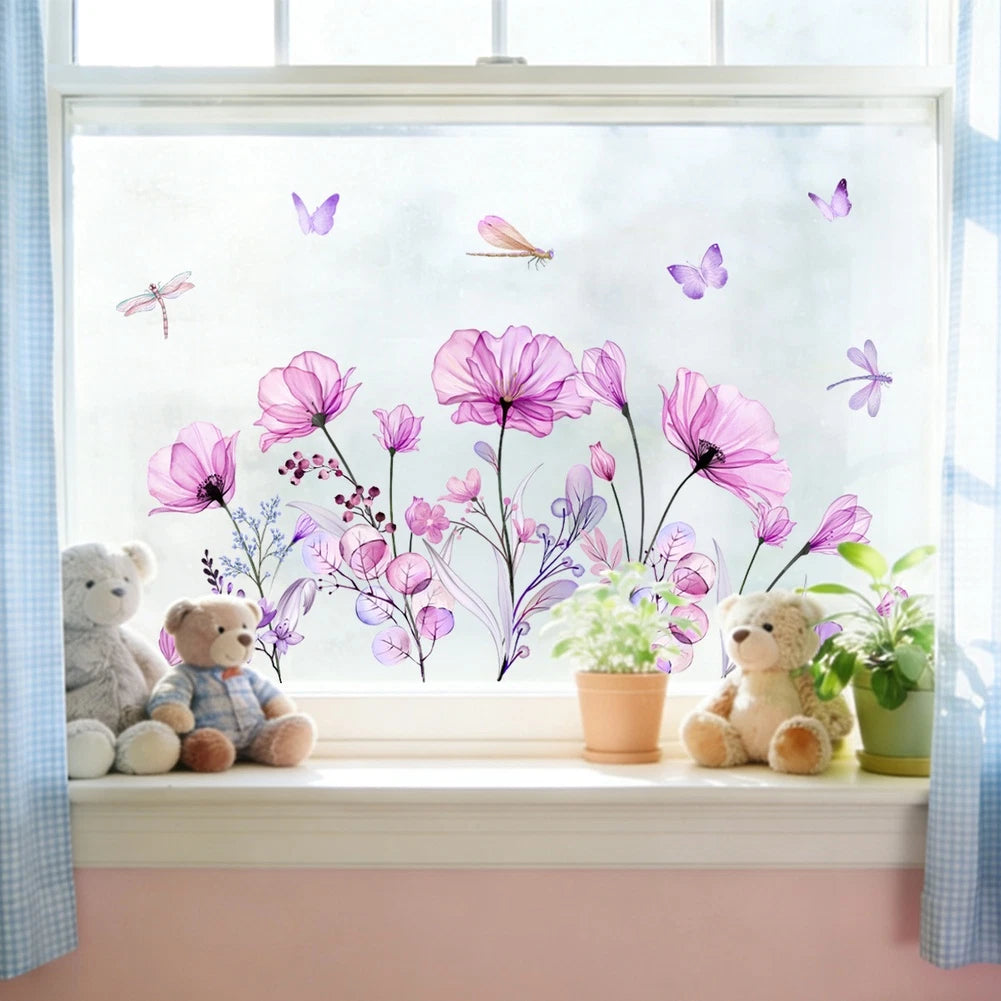 Static Window Sticker for Universal Use (11.81 x 23.62 in) - Purple Flowers & Butterflies