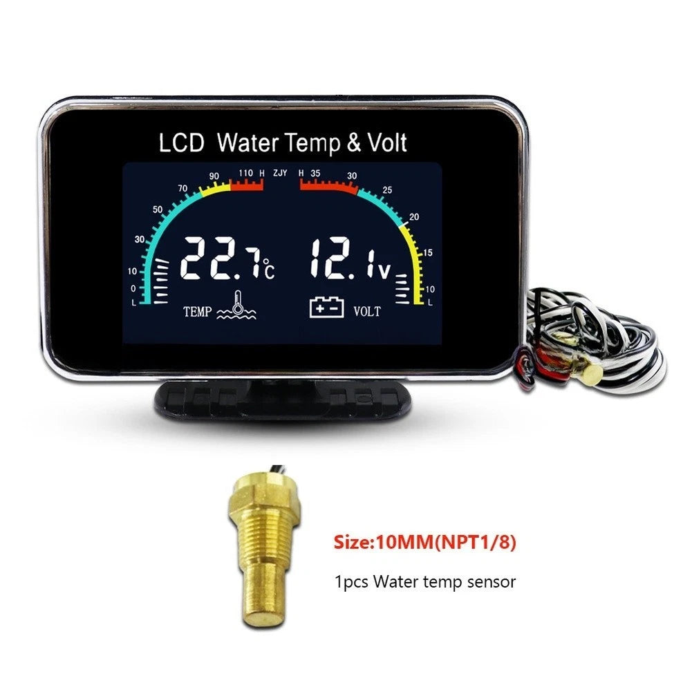 Dual Readout LCD Gauge for Engine Coolant Temp & Battery Voltage (12V 24V)