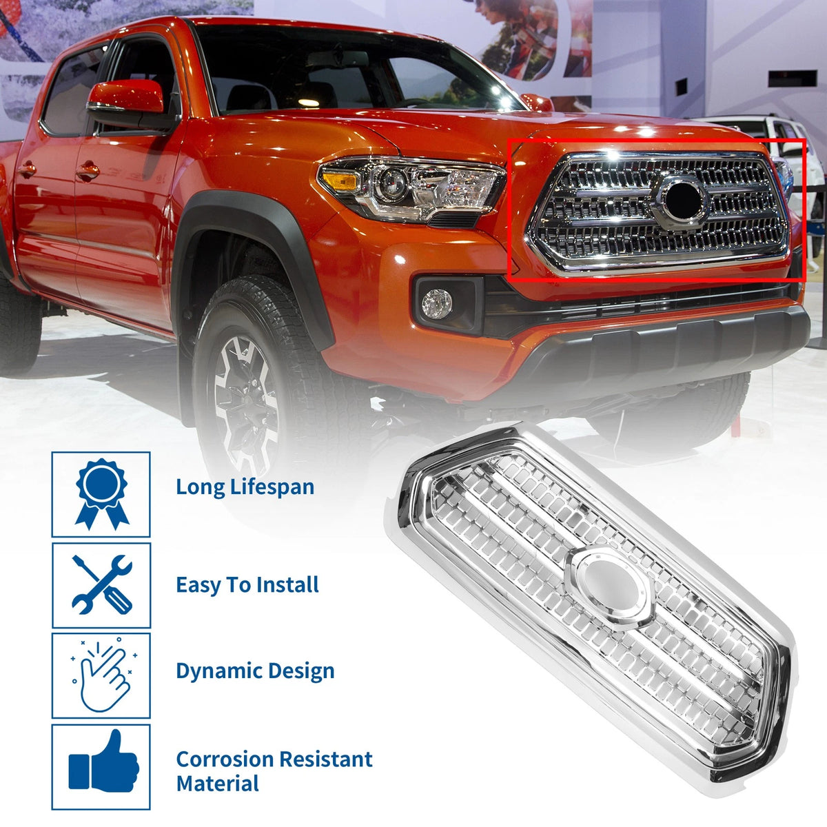 Front Hood Bumper Grille Grill for Toyota Tacoma (2016–2020) Chrome Silver Tone