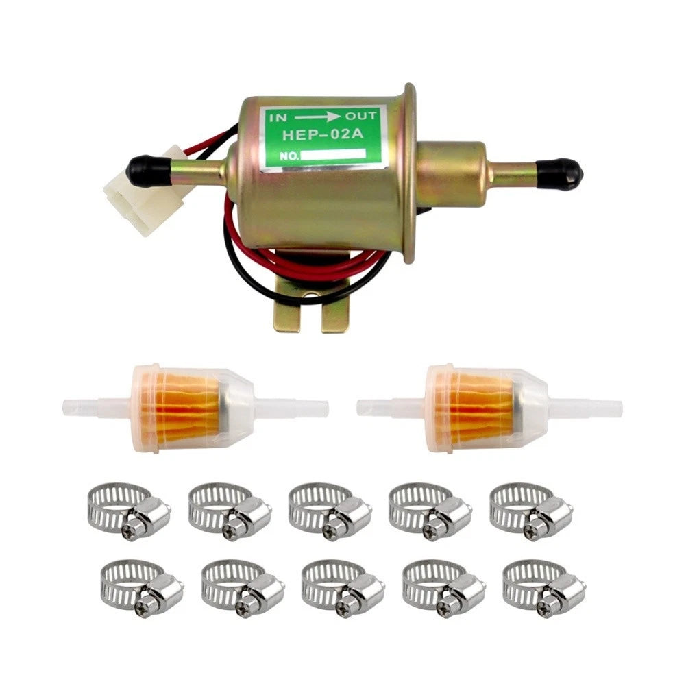 Electric Fuel Pump Kit for 12 Volt Vehicles with Filter & Clamps