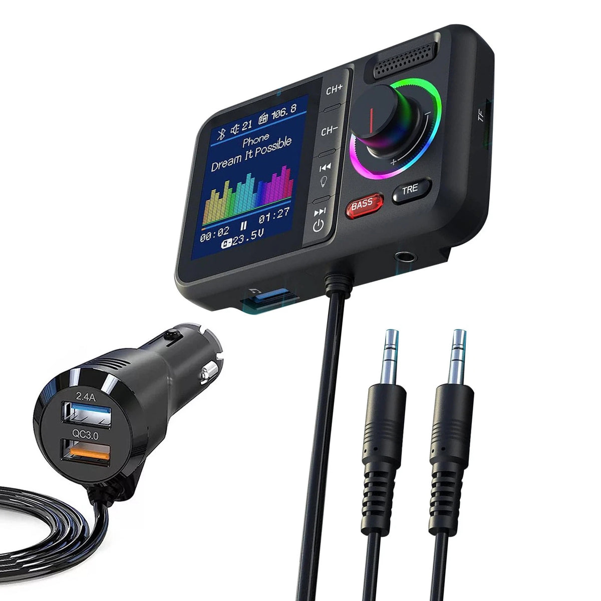 Bluetooth 5.0 Car Wireless FM Transmitter Adapter with 2 USB PD Charger