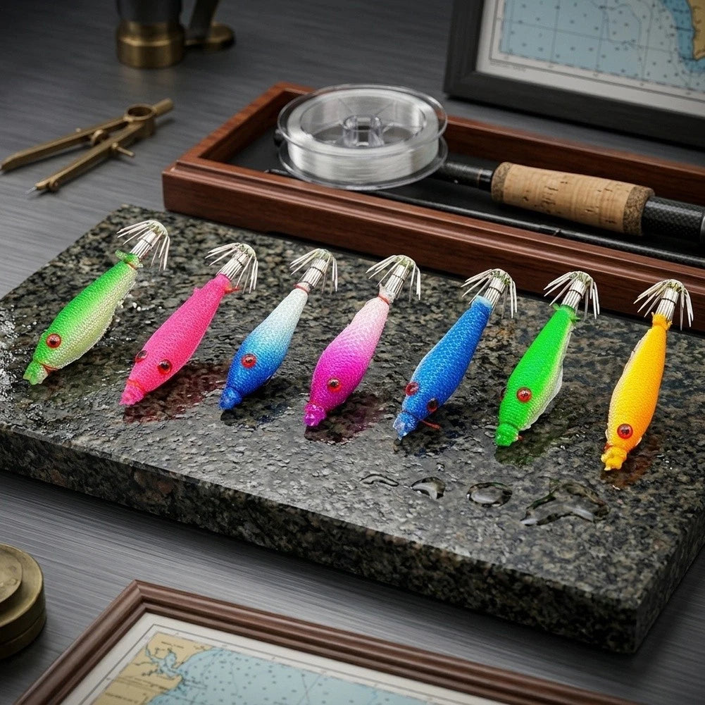 7pcs Squid Jig Bait with Storage Box for Easy Organization