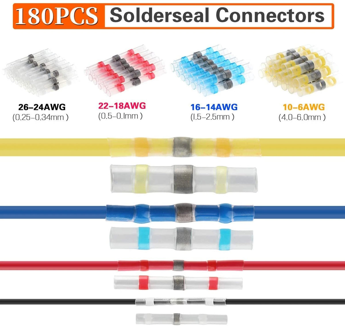 180pcs Waterproof Heat Shrink Butt Wire Connectors Terminals