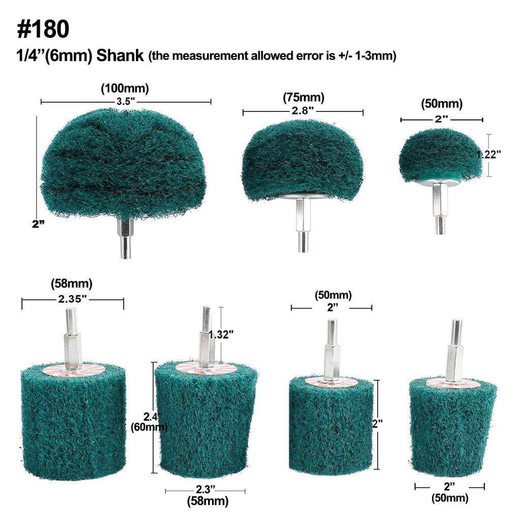 Set of 7 Non-Woven Abrasive Buffing Wheels 180 Grit 1/4" Shank