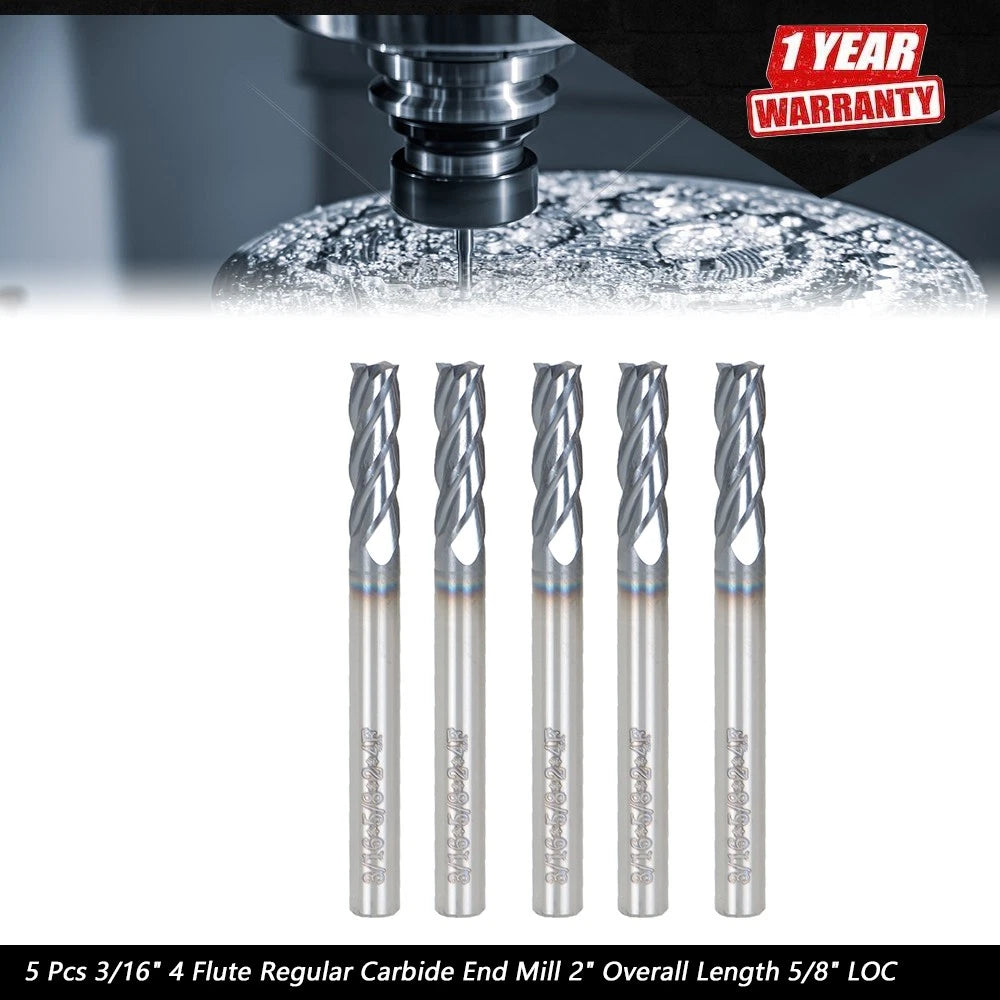5 Pcs 2" Carbide End Mill 3/16" 4 Flute for Various Applications