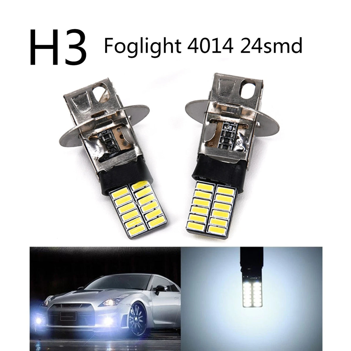 2Pc H3 6500K White 24SMD LED Bulb for Fog Light Driving Lamp