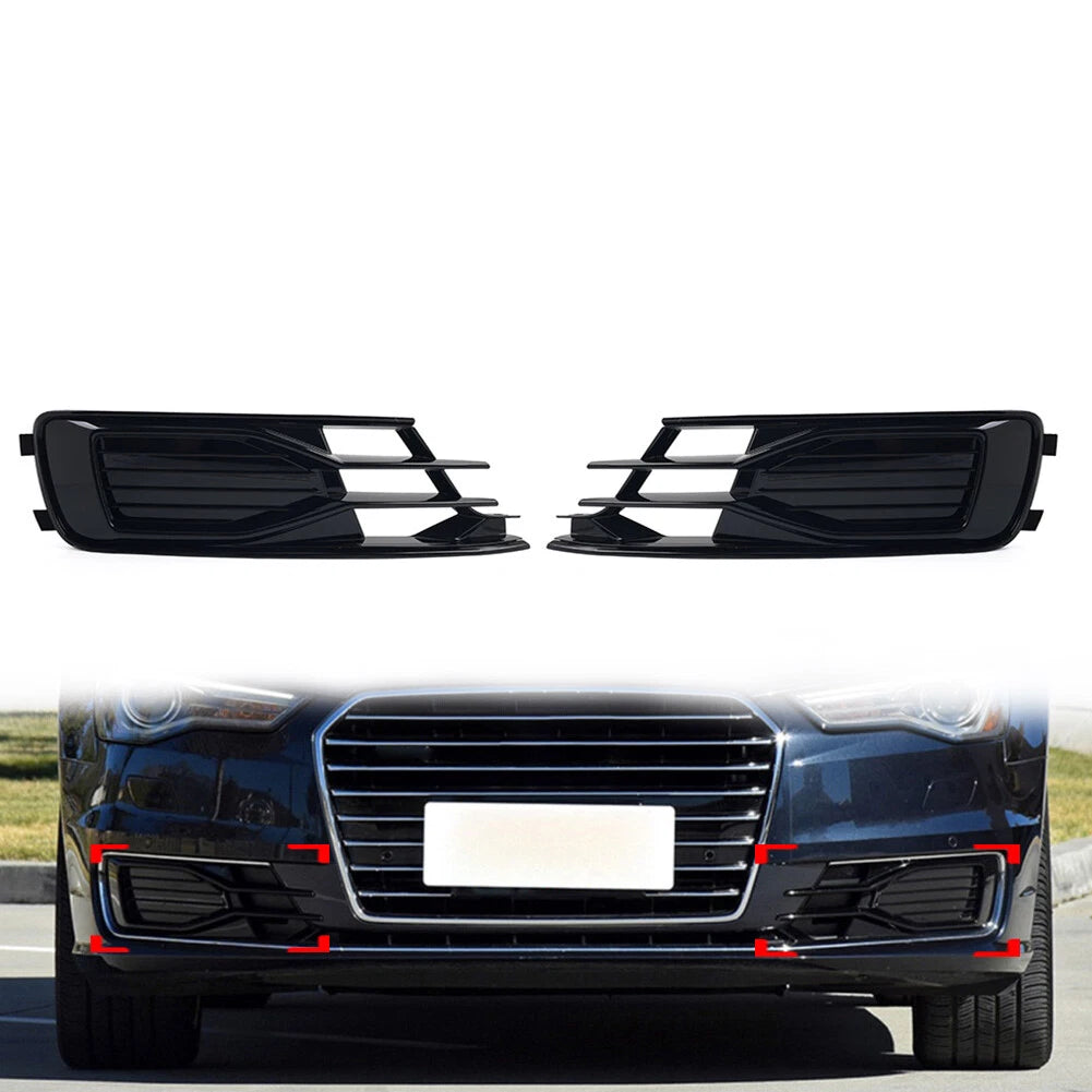Front Lower Bumper Grille Fog Light Grill Cover for Audi A6 C7 (2014–2018) Black