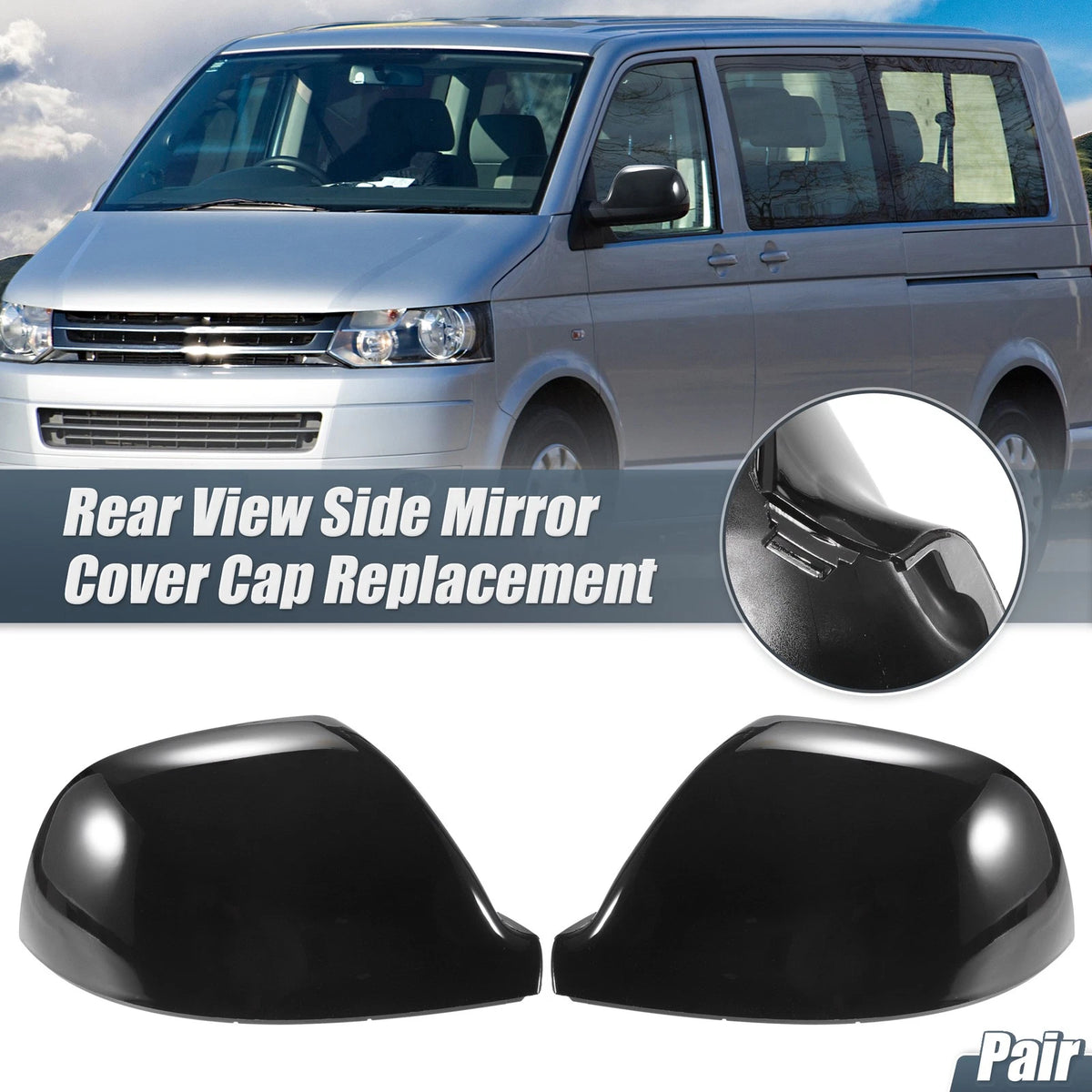 Pair Rearview Mirror Cover Cap Gloss Black for Volkswagen Transporter T5 T6 (2003–2019)
