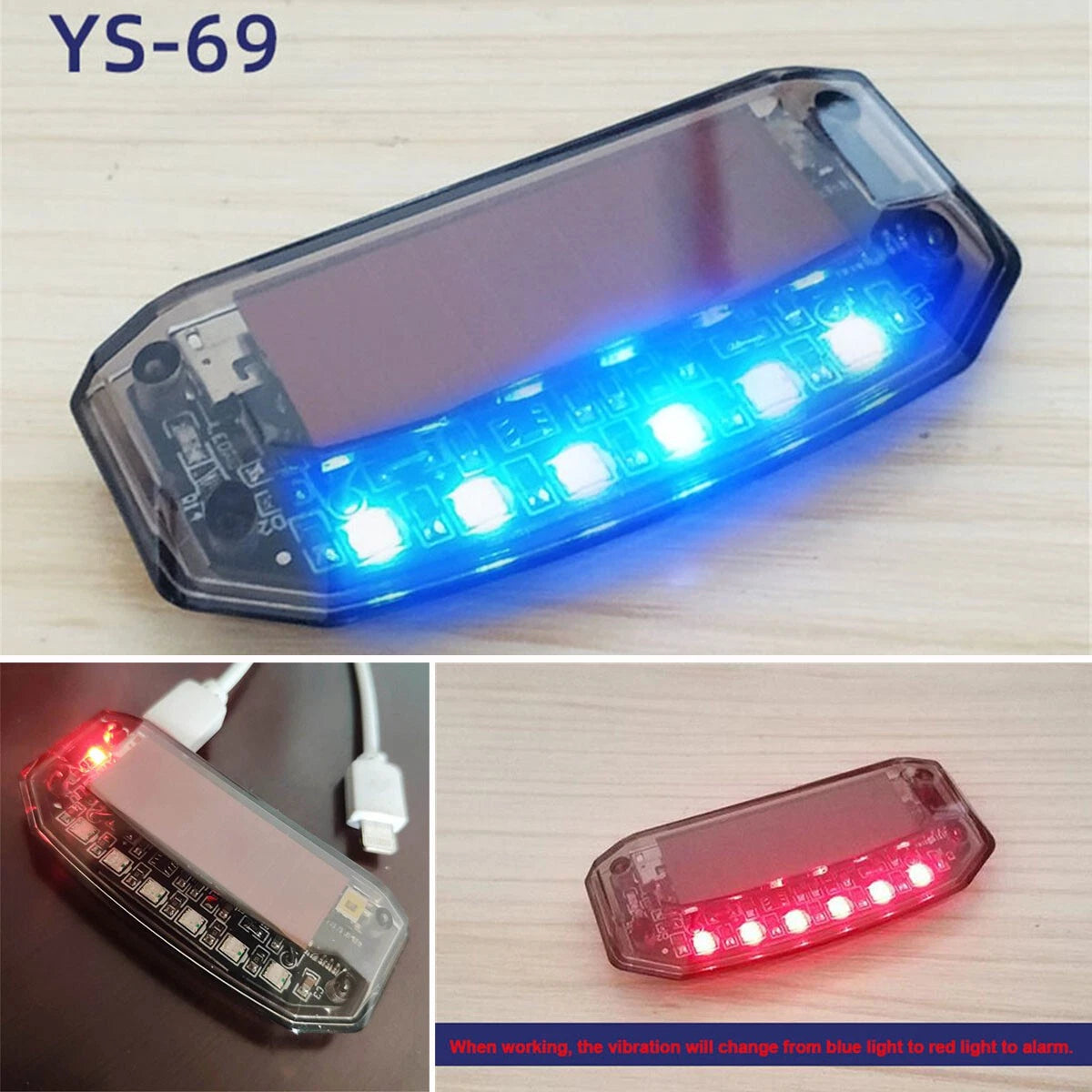 Dual Color Blue Red Warning Light for Car (Solar Charging)