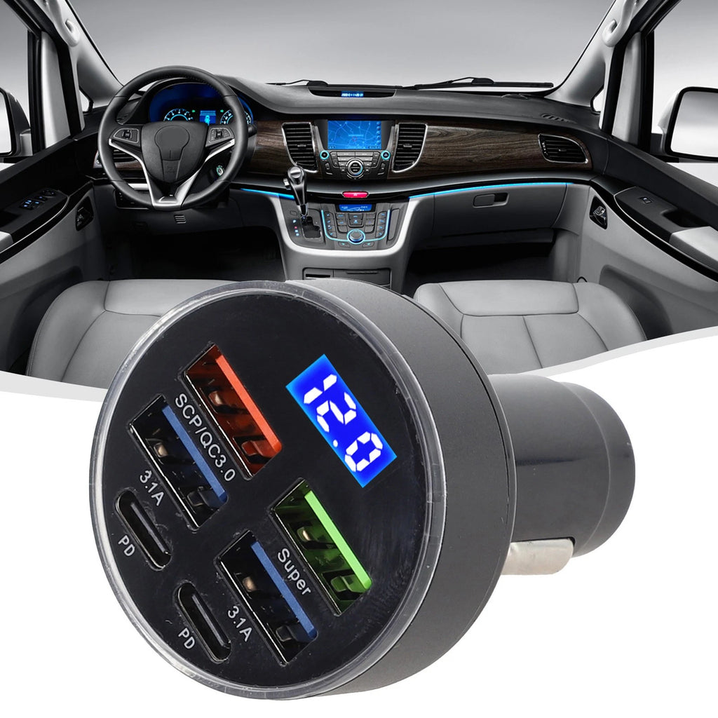 6-Port Car Charger with LED Display and Multiple USB Outputs