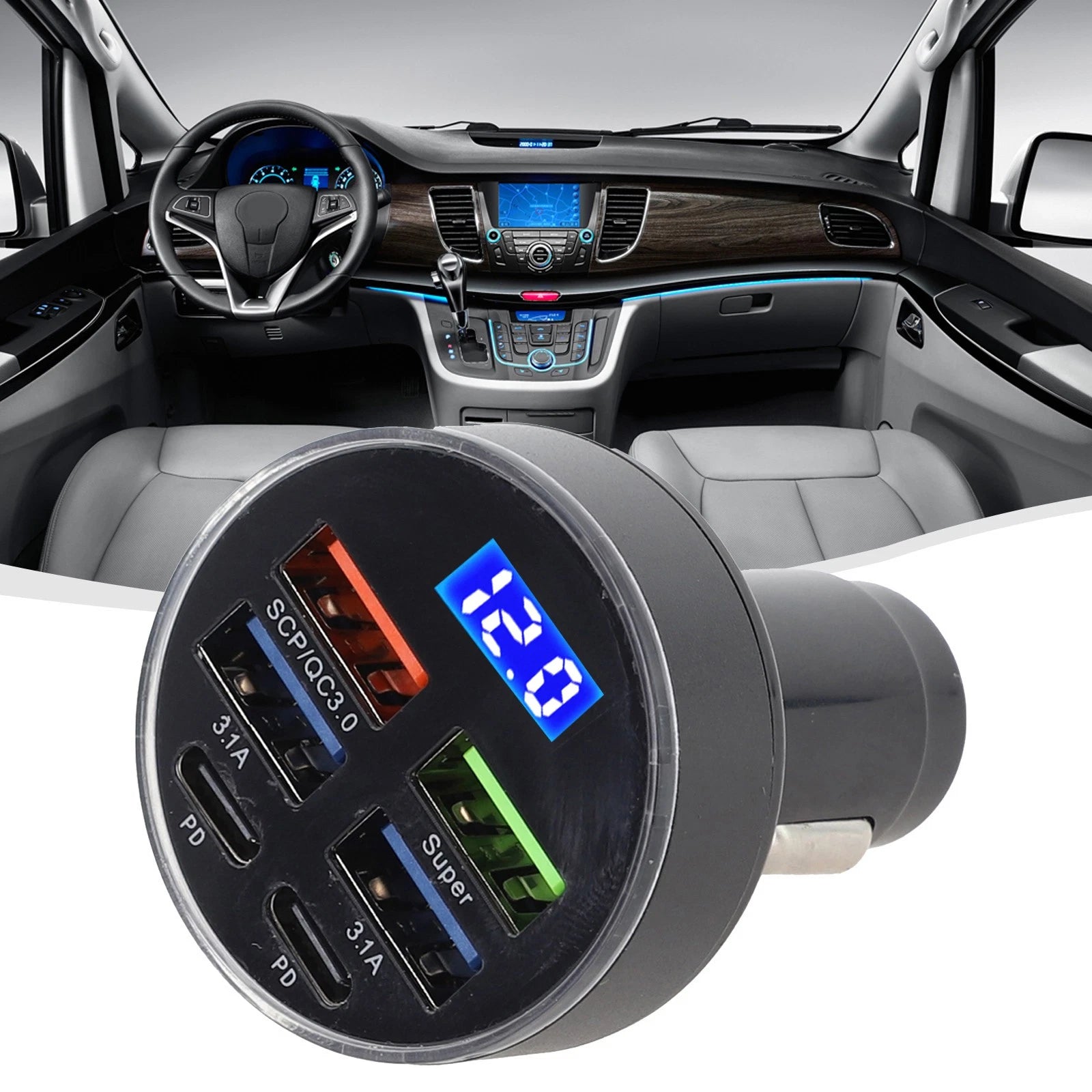 6-Port Car Charger with LED Display and Multiple USB Outputs