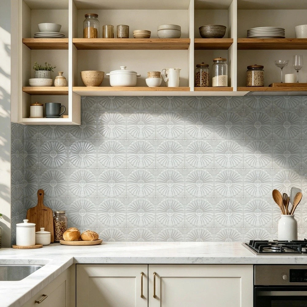 Waterproof Beige Floral Wall Decals PVC Embossed Tile Self 30x30cm