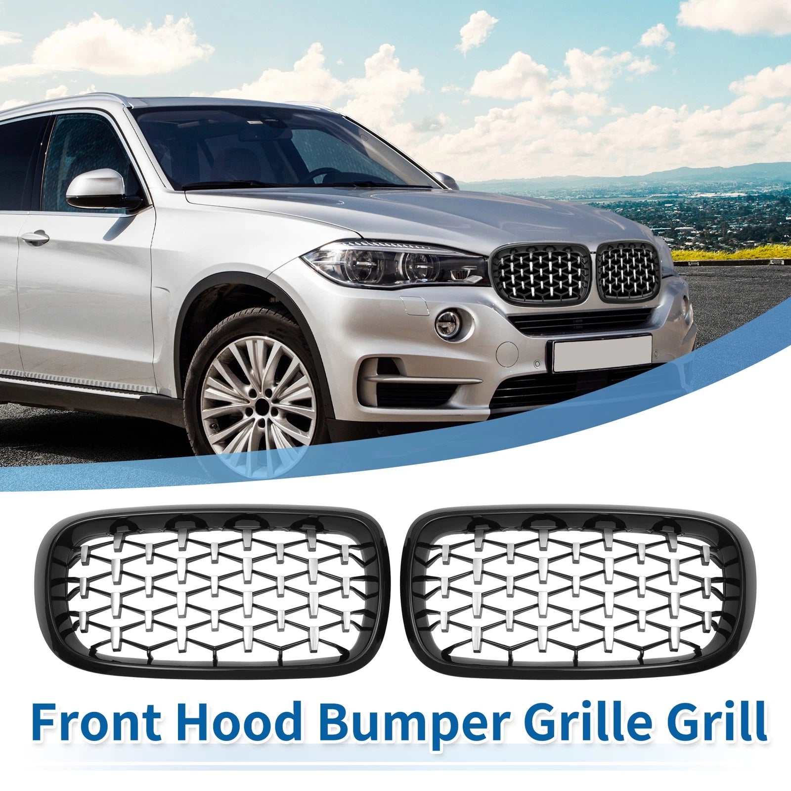 Front Hood Bumper Grille Pair for BMW X5 (2014–2016) Black Silver Tone