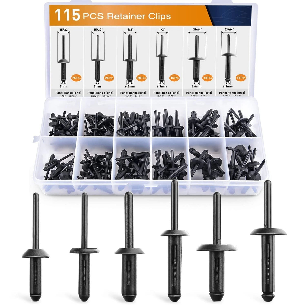 115pcs Plastic Rivet Kit Black ABS for Car Interior Trim Fastening Repair