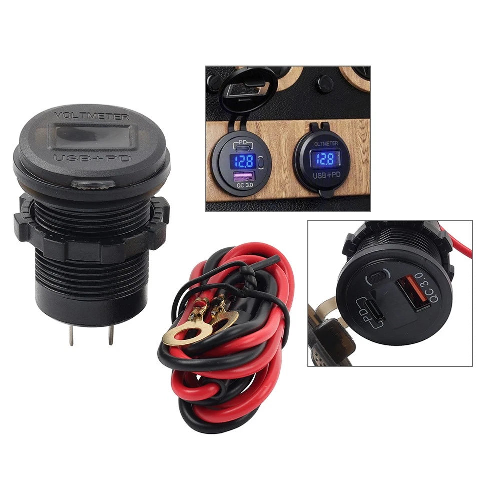 USB PD Type-C Car Boat Charger Socket Power Adapter Outlet Voltmeter