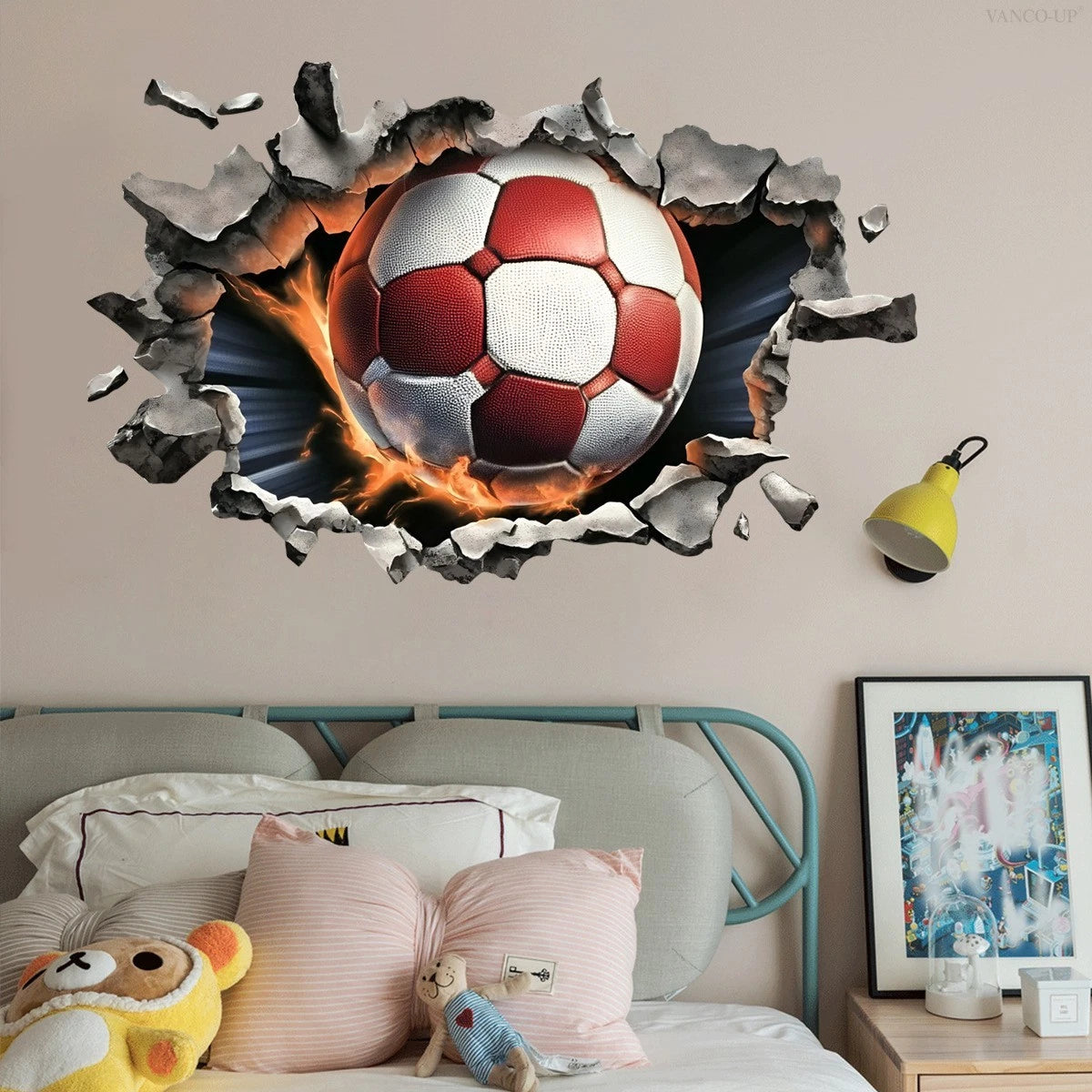 3D Soccer Ball Wall Decal with Realistic Concrete Crack (34.18 x 21.53 in)