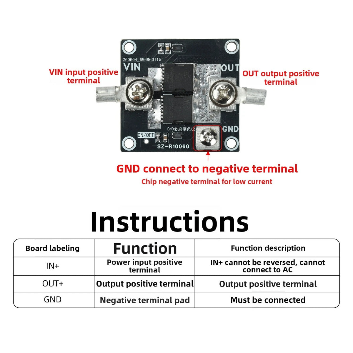 High Current 100A Ideal Diode Module DC 5V to 100V for Energy Storage
