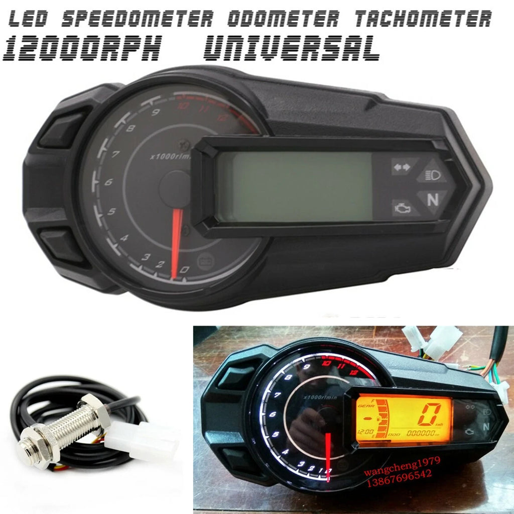 Waterproof LCD Speedometer Tachometer Odometer 12000 RPH for 12V Motorcycle ATV