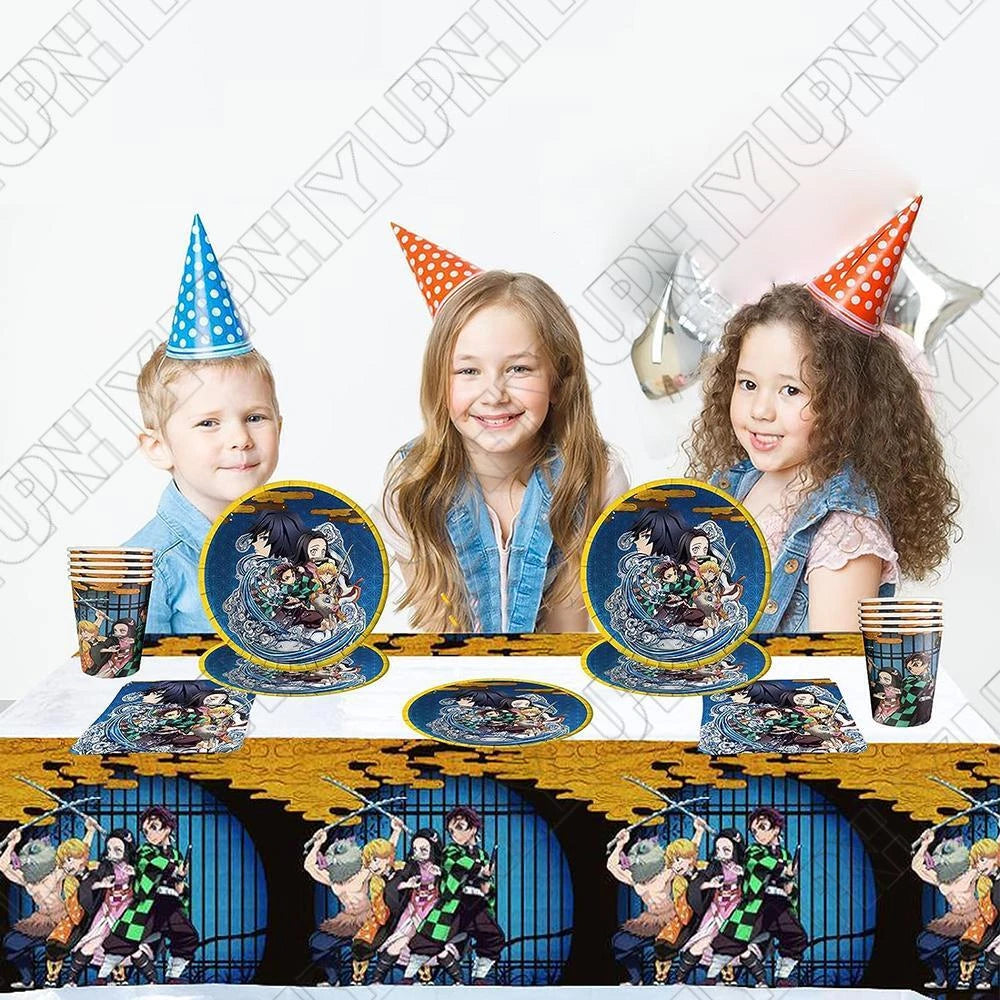 51 pcs Demon Slayer Tableware Set includes Plates, Cups, Napkins, Tablecloths