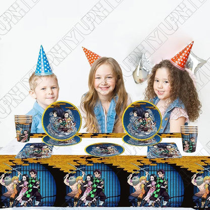 51 pcs Demon Slayer Tableware Set includes Plates, Cups, Napkins, Tablecloths