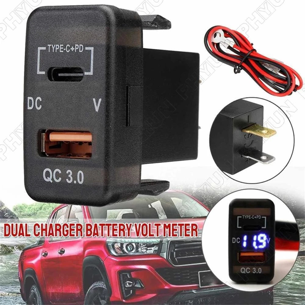 Type C USB Charger Adapter Socket Voltmeter for Toyota Hilux Hiace Prado (2000–2023)