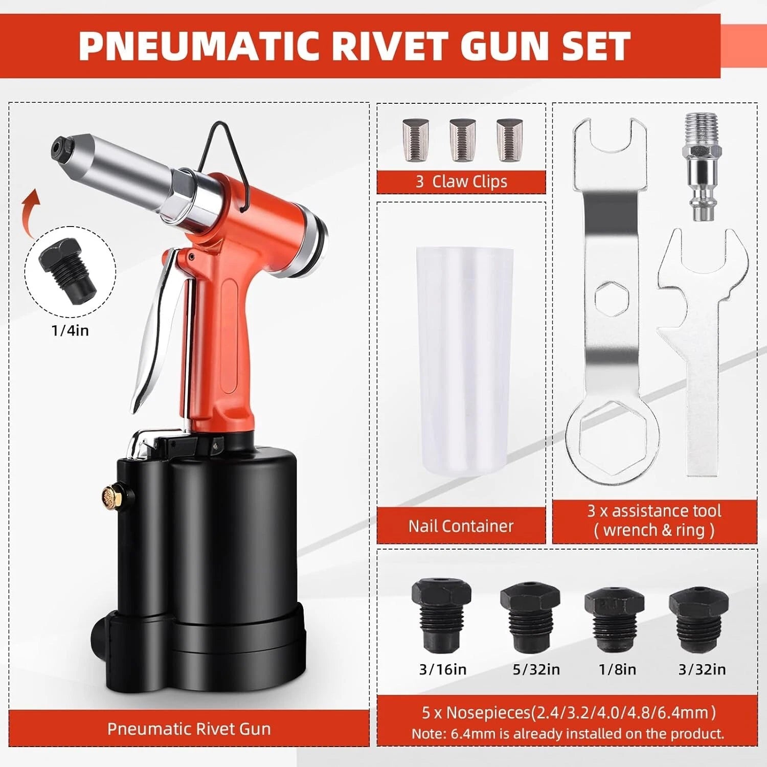 Pneumatic Air Hydraulic Pop Rivet Gun for Universal Use (1/4", 3/16", 5/32", 1/8", 3/32")