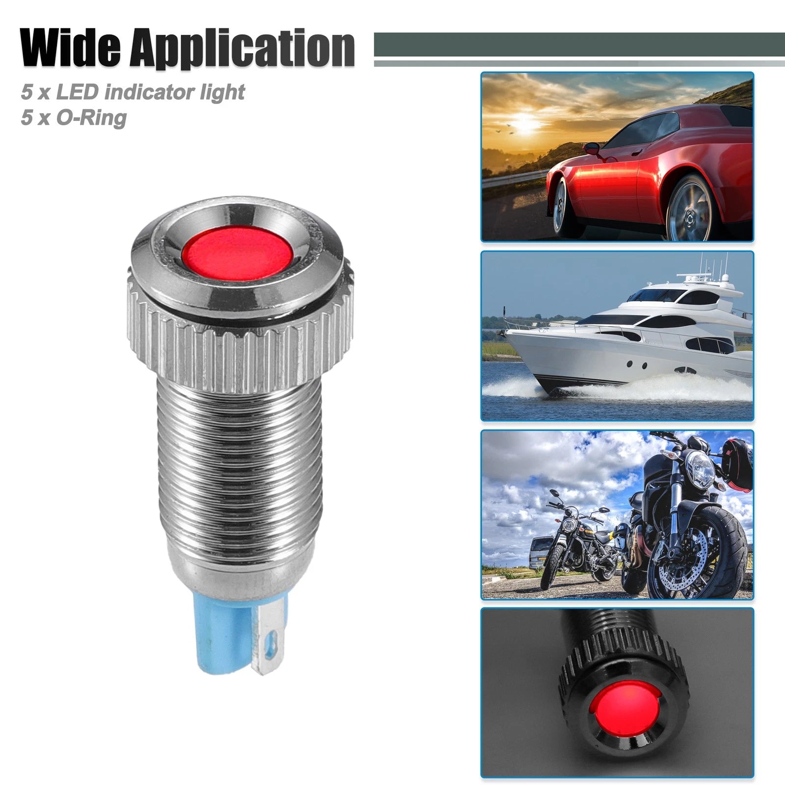 5 Pcs 8mm LED Indicator Light for Car Interior (Waterproof, Red)