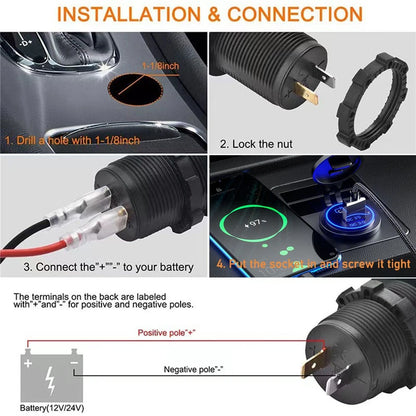 Car Charger Dual USB Type-C QC3.0 Fast Charging Adapter Cigarette Lighter Socket