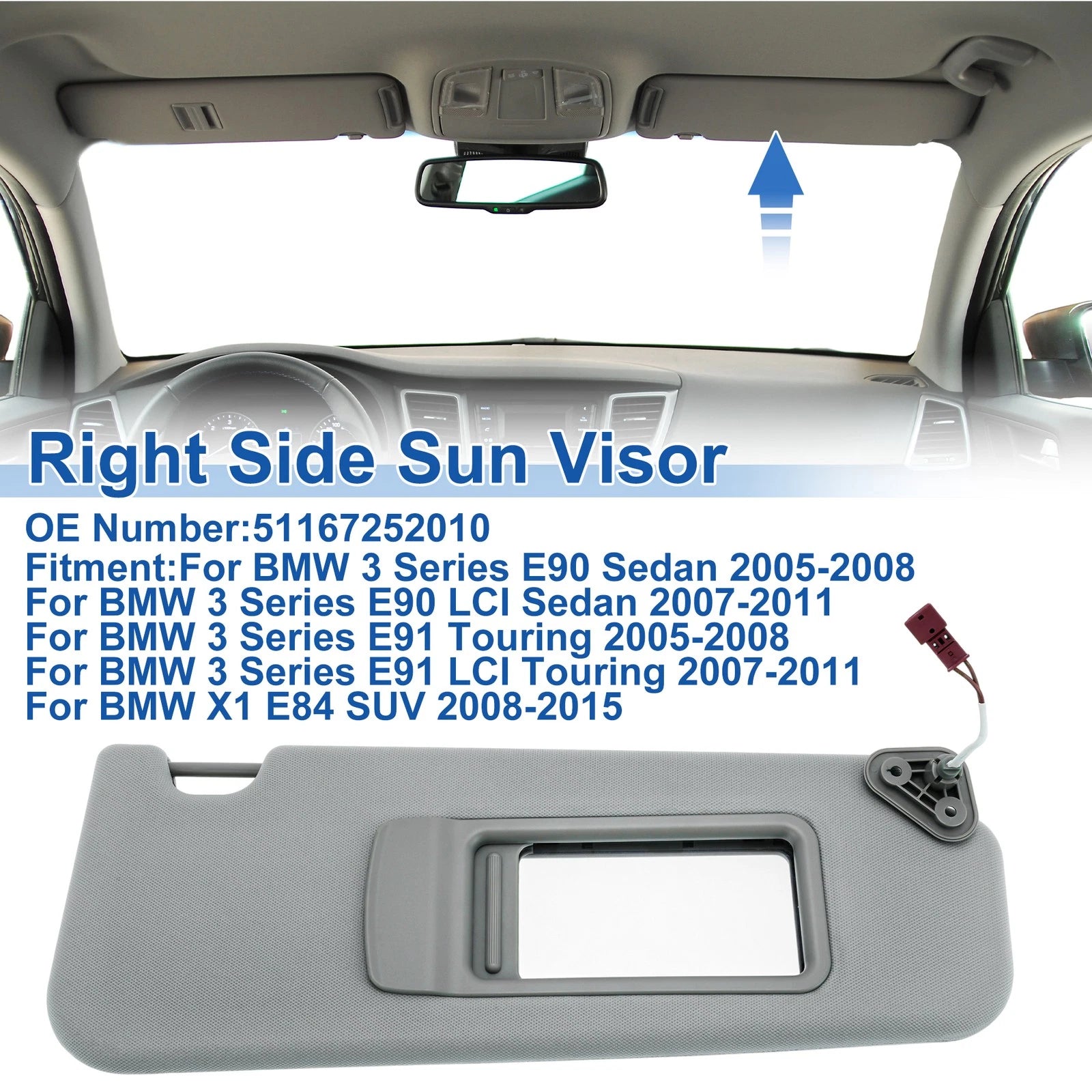 Right Side Sun Visor Replacement for BMW 3 Series E90 Sedan (2006–2013)