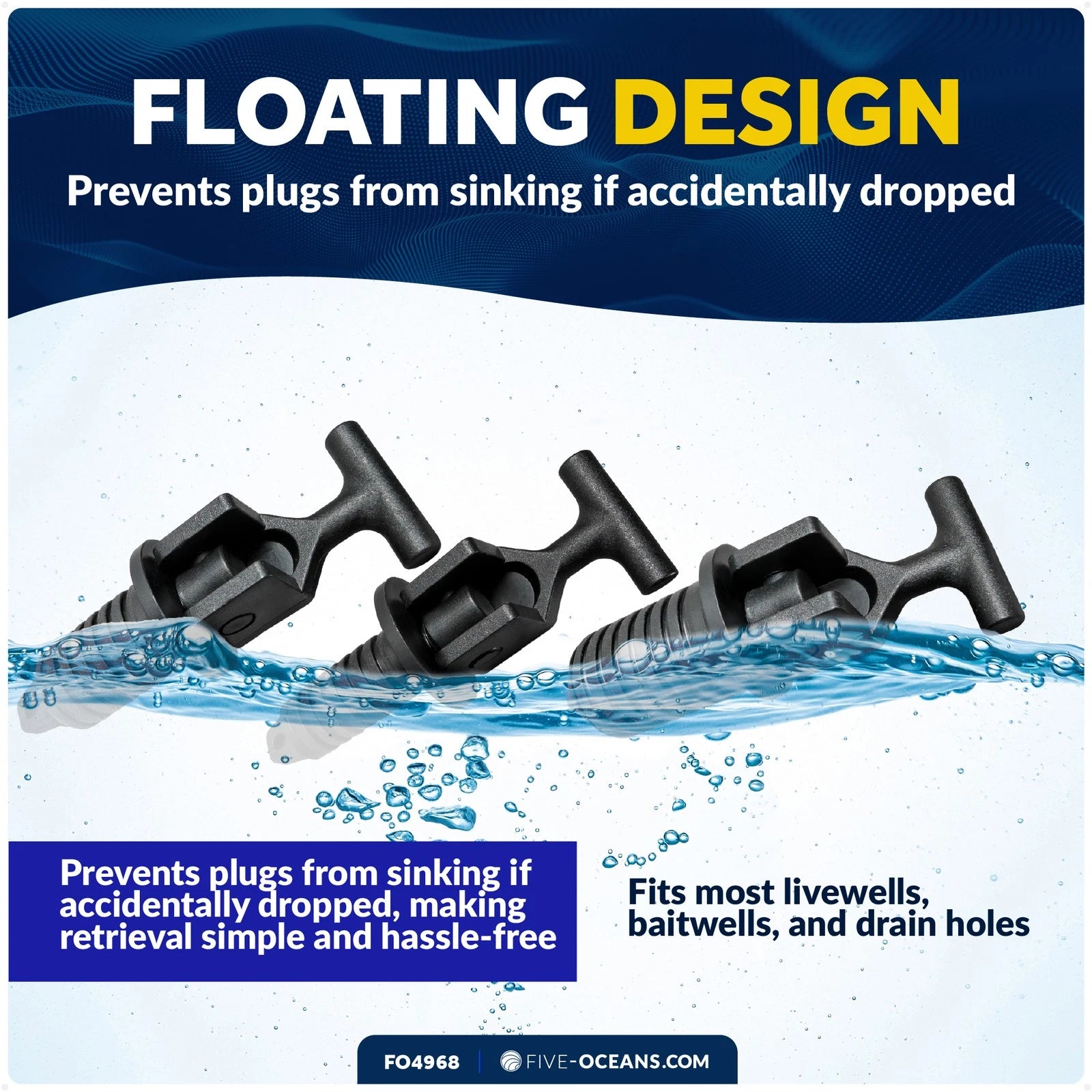 3X Floating Livewell Drain Plugs for Universal Use (1/2", 5/8", 3/4")
