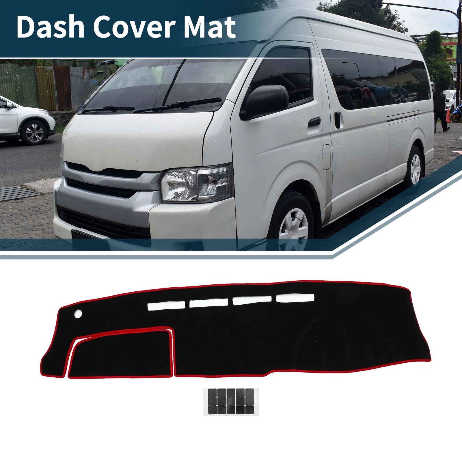 Dashboard Dash Cover Mat for Toyota Hiace 2004–2024 with Sticker Set Black Red