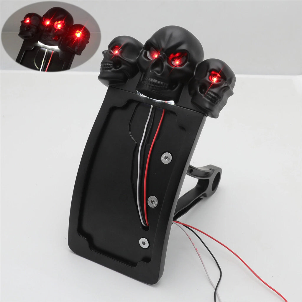 Black Curve Side Mount License Plate Bracket w/ Skull LED Tail Light for
