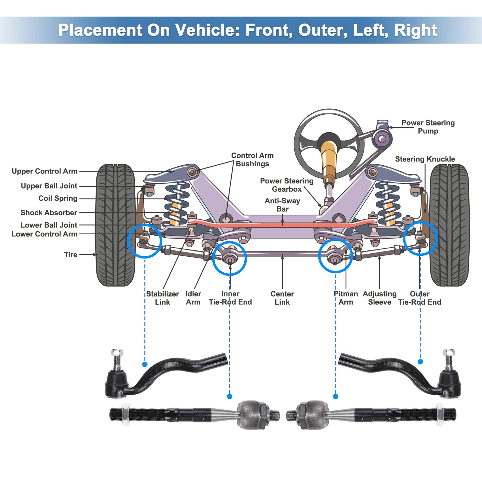 Set of 6 Front Inner Outer Tie Rod End Links for Dodge Durango (2011–2015)