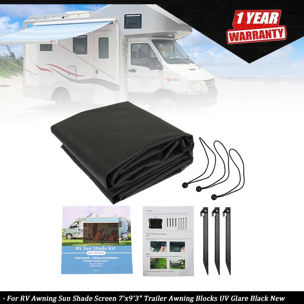 RV Awning Sun Shade Screen 7'x9'3" for Trailers (UV Block, Black)